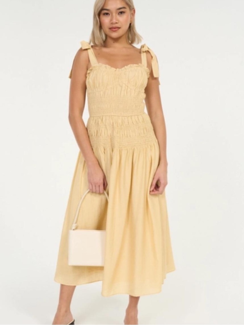 Moon River Yellow Smocked Tie-Shoulder Midi Dress